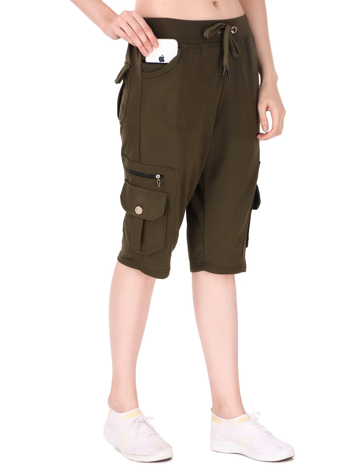 Women's Cargo Capri Shorts With 9 Zippered Pockets