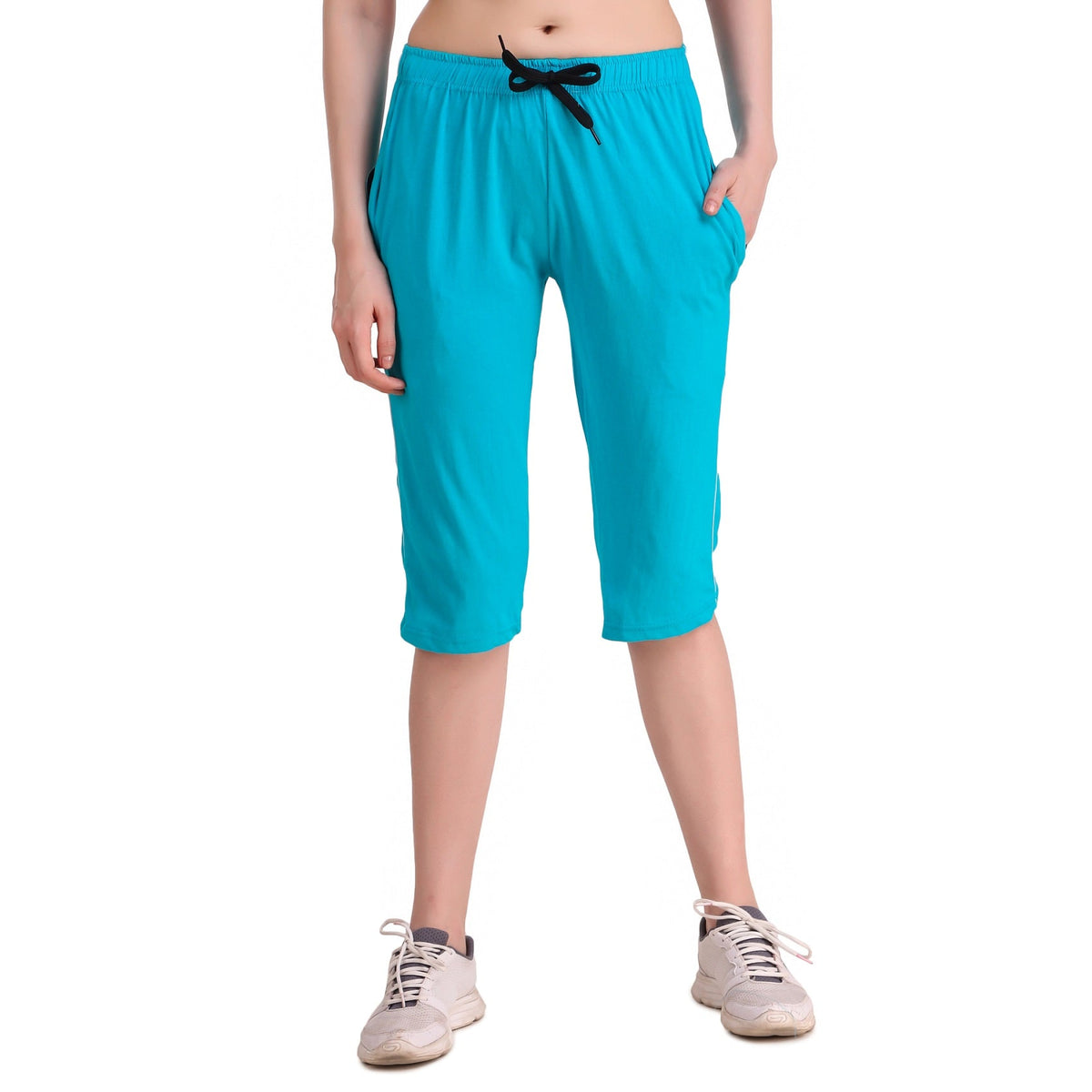 Women's Cotton Three Fourth Capri Shorts With Two Zippered Pockets