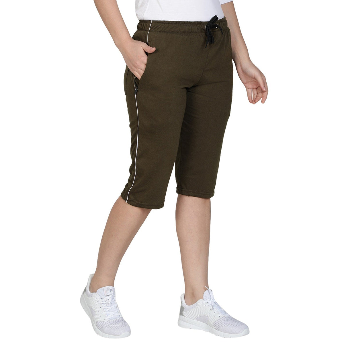 Women's Cotton Three Fourth Capri Shorts With Two Zippered Pockets