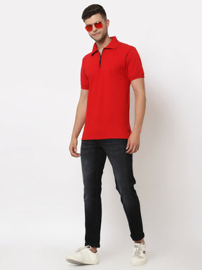 Men's Solid Cotton Regular Fit Zipper Polo T-Shirt