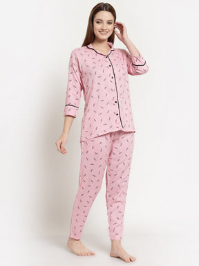 Uzarus Women's Cotton Printed Night Suit Set of Shirt & Pyjama