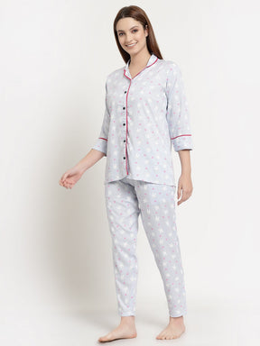 Uzarus Women's Cotton Printed Night Suit Set of Shirt & Pyjama
