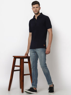 Men's Solid Cotton Regular Fit Zipper Polo T-Shirt