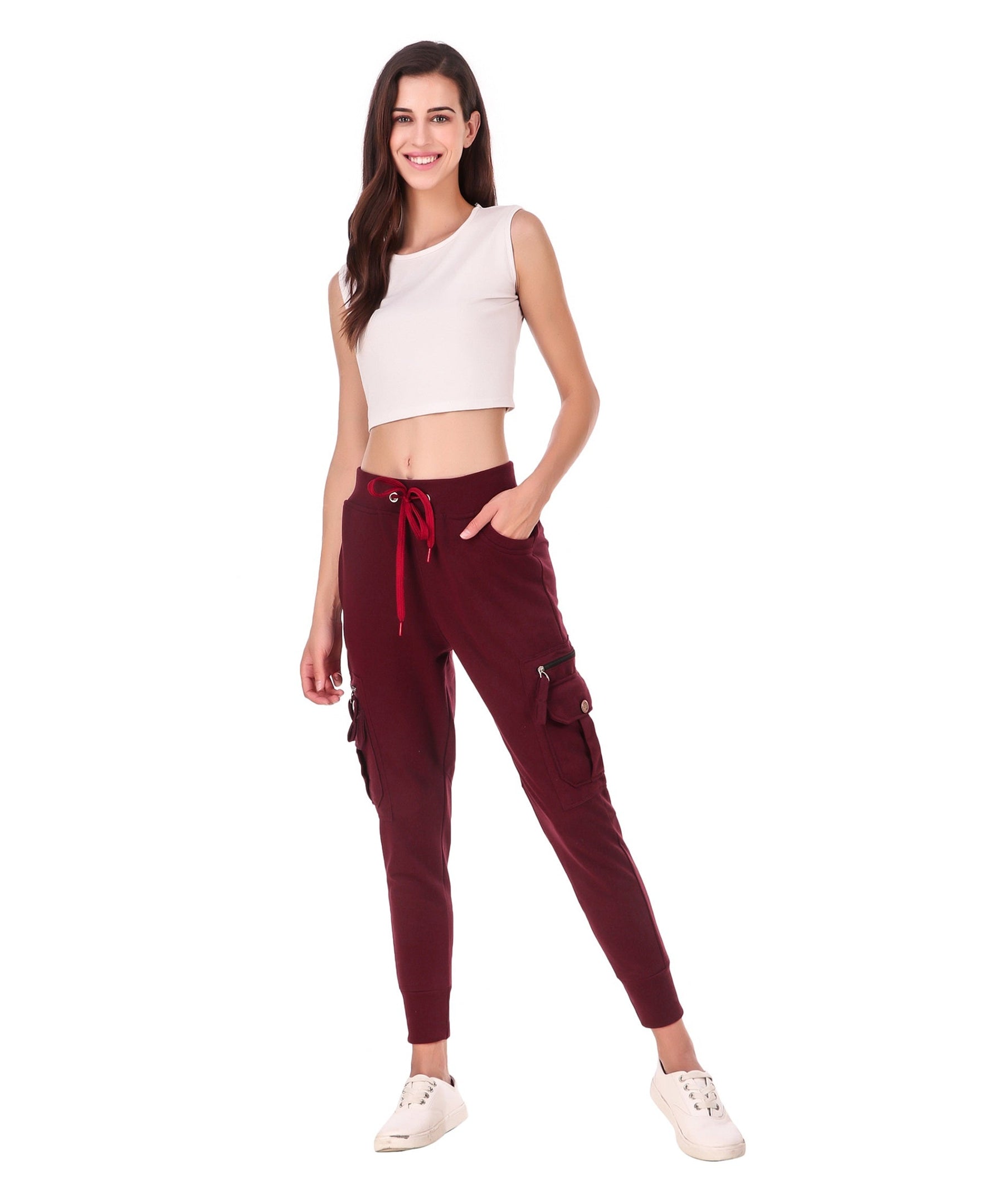 Women's Cotton Slim Fit Cargo Joggers Track Pants with 4 Zippered Pockets