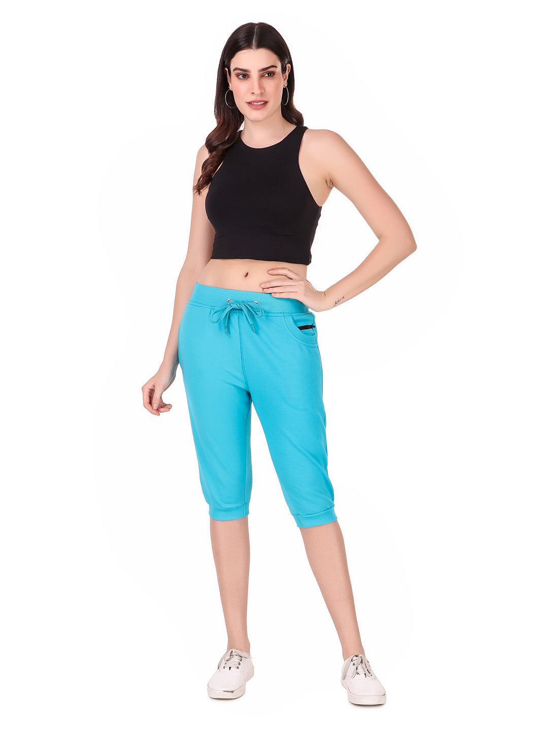 Women's Cotton Three Fourth Capri Shorts With Two Zippered Pockets