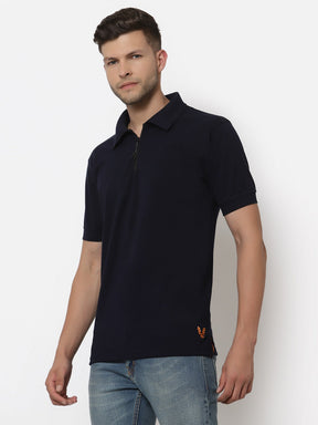 Men's Solid Cotton Regular Fit Zipper Polo T-Shirt