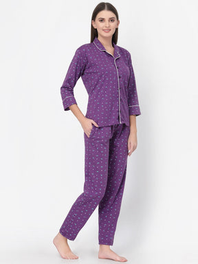 Uzarus Women's Cotton Printed Night Suit Set of Shirt & Pyjama