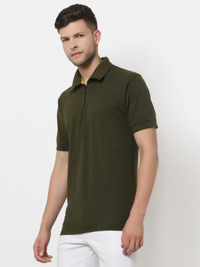 Men's Solid Cotton Regular Fit Zipper Polo T-Shirt