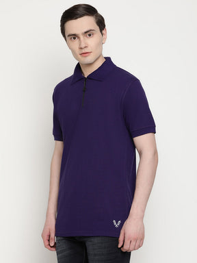 Men's Solid Cotton Regular Fit Zipper Polo T-Shirt