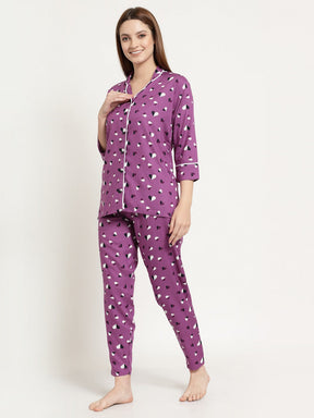 Uzarus Women's Cotton Printed Night Suit Set of Shirt & Pyjama