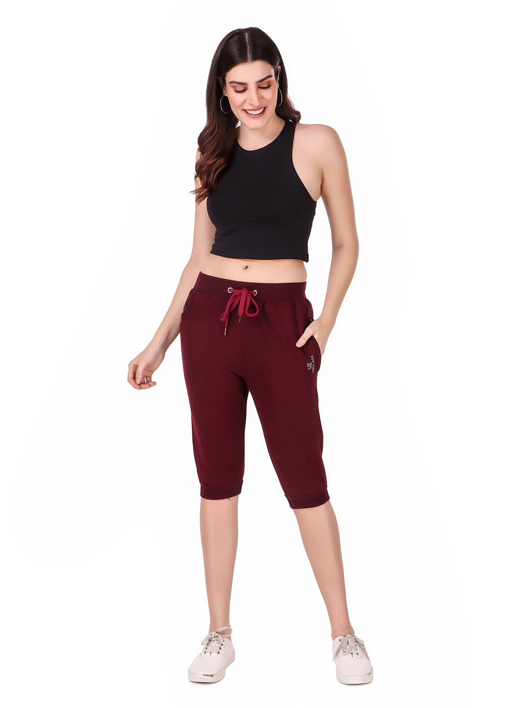 Women's Cotton Three Fourth Capri Shorts With Two Zippered Pockets