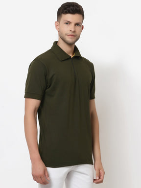 Men's Solid Cotton Regular Fit Zipper Polo T-Shirt