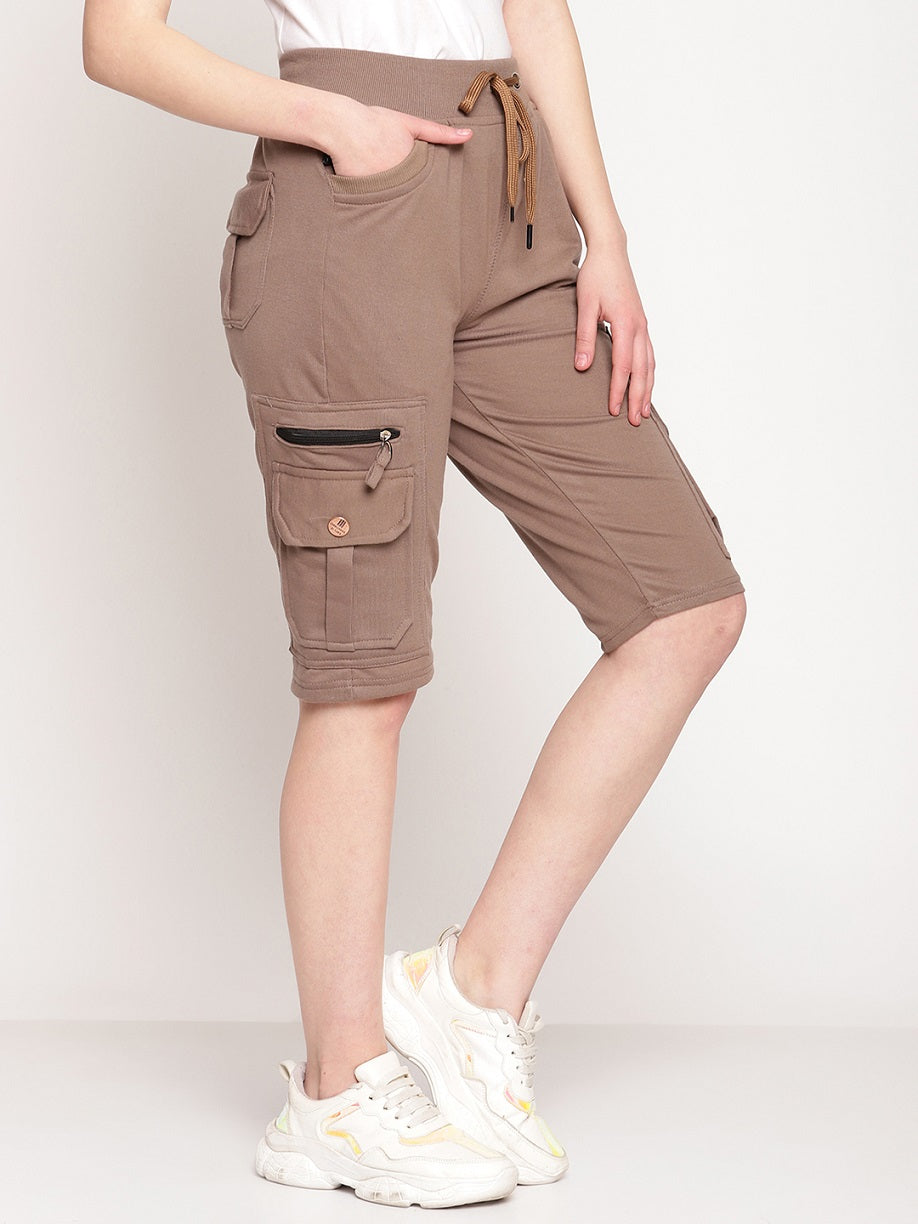 Womens Cargo Capri Shorts With 9 Zippered Pockets