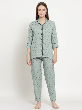 Uzarus Women's Cotton Printed Night Suit Set of Shirt & Pyjama