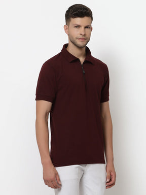 Men's Solid Cotton Regular Fit Zipper Polo T-Shirt