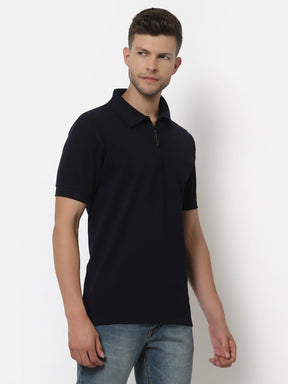 Men's Solid Cotton Regular Fit Zipper Polo T-Shirt