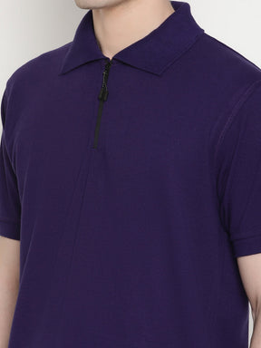 Men's Solid Cotton Regular Fit Zipper Polo T-Shirt