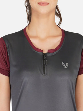 UZARUS Women's Half Sleeves Sports Gym T-Shirt With Zipper