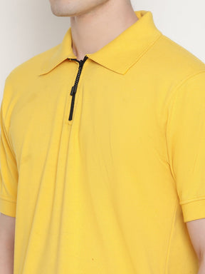 Men's Solid Cotton Regular Fit Zipper Polo T-Shirt