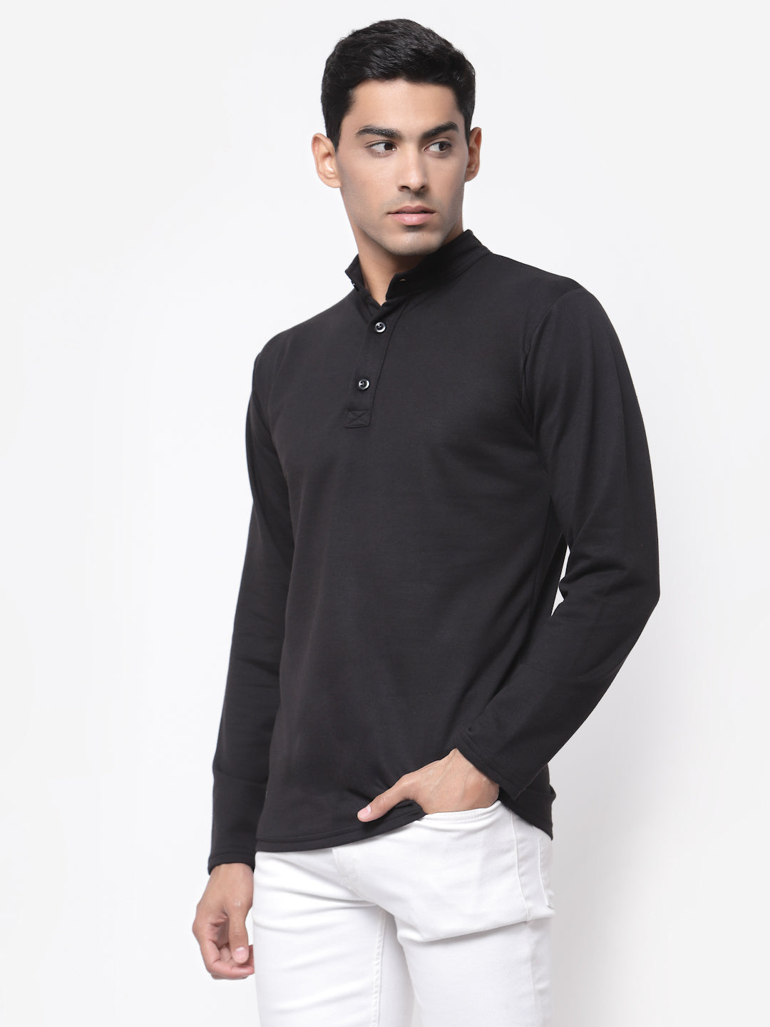 Uzarus Men's Cotton Solid Full Sleeve Mandarin collar T Shirt