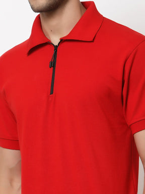 Men's Solid Cotton Regular Fit Zipper Polo T-Shirt